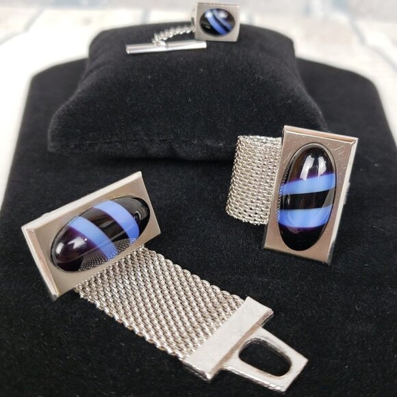 HICKOK Wrap Around Cuff Link Set Silver Blue - Picture 6 of 8